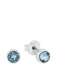 Stiftörhängen i sterlingsilver med runda, ljusblå kristaller infattade i släta, polerade bezel. Kompakt och minimalistisk design.
