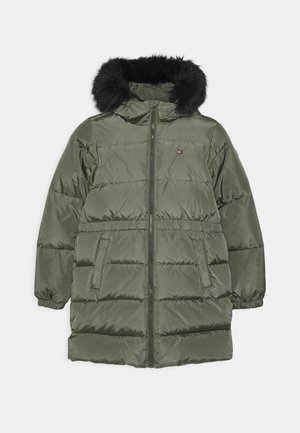 Olive green puffer coat, featuring a black faux fur hood, zip closure, side pockets, and elastic cuffs. Vertical quilted design.