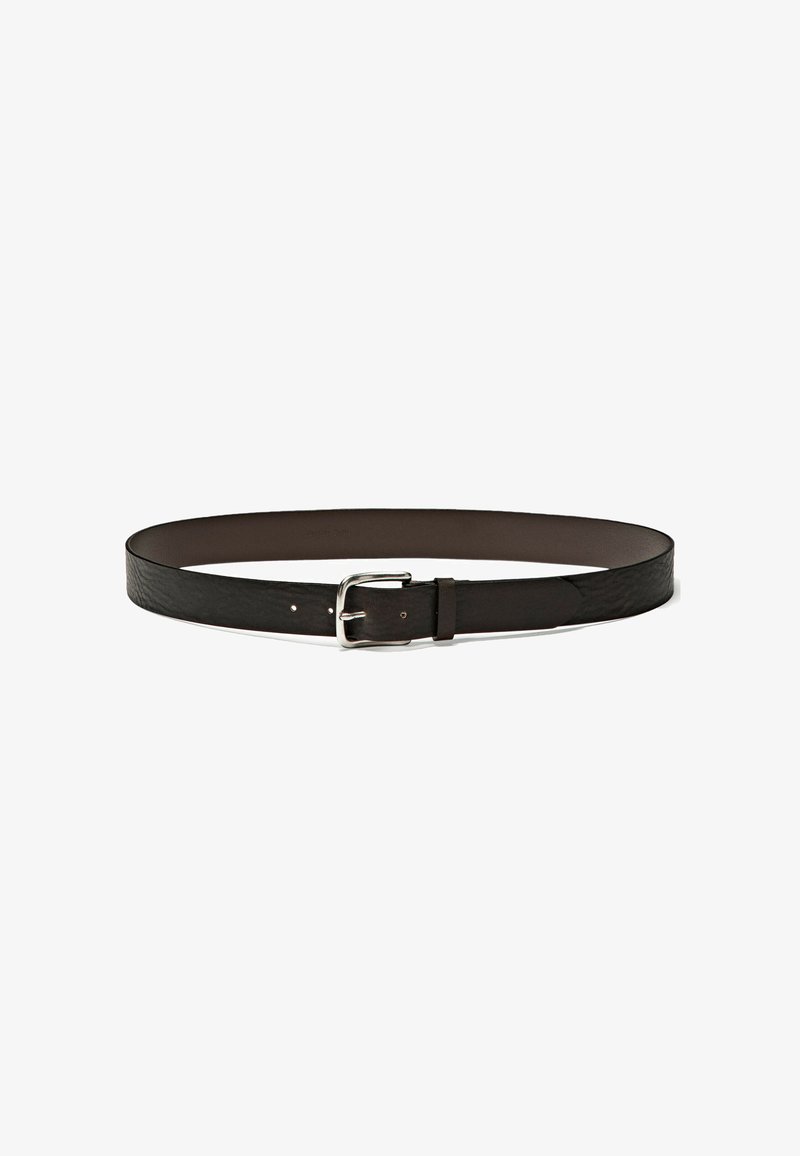 Black leather belt with a smooth texture, featuring a silver metal buckle and adjustable prong, designed in a simple, classic style.