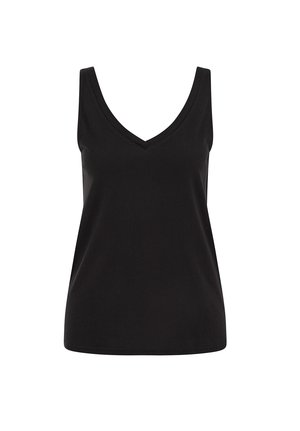 Débardeur noir sans manches avec encolure en V, design simple et coupe ajustée sur un fond blanc uni.