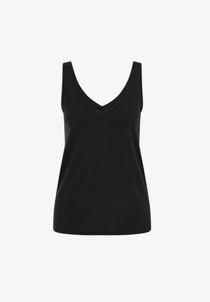 Débardeur noir sans manches avec encolure en V, design simple et coupe ajustée sur un fond blanc uni.