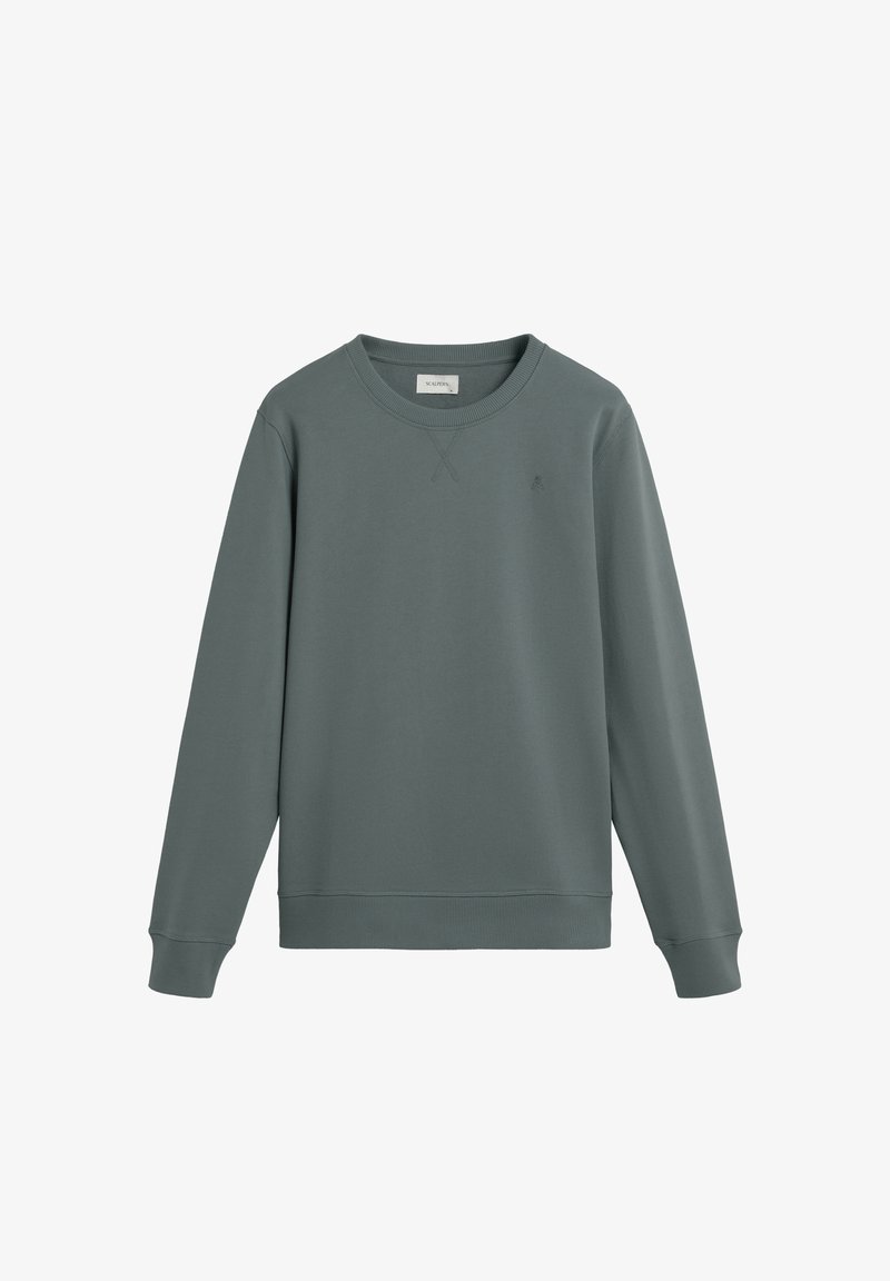 Groene crewneck sweatshirt gemaakt van zachte stof met lange mouwen en geribde manchetten. Heeft een subtiele logo geborduurd op de borst.
