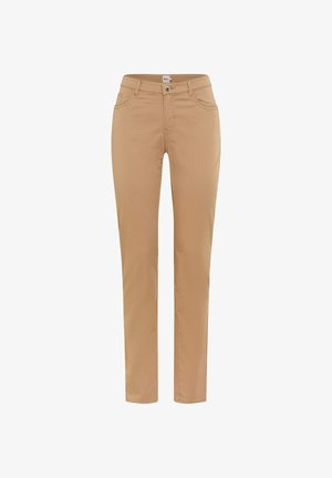 Pantaloni beige a gamba dritta con bottone e cerniera frontali, passanti per cintura e due tasche frontali, mostrati su uno sfondo bianco.