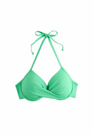Zöld halter bikini felsőrész párnázott kosarakkal és elöl csavarodott anyagrésszel, a nyaknál kötve és hátul pánttal rögzítve.