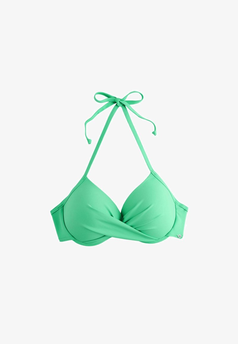 Haut de bikini halter vert avec bonnets rembourrés et détail en tissu torsadé à l'avant, noué au cou et maintenu par une lanière dans le dos.