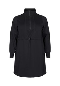 Melna rašanās kleita ar rāvējslēdzēju, izgatavota no mīksta auduma, ar augstu apkakli, garām piedurknēm un šauru vidukli, papildināta ar metāla detaļu.