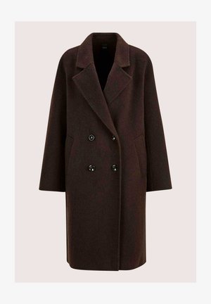 Dunkelbrauner wollener doppelt gefütterter Mantel mit breiten Revers, zwei seitlichen Taschen und langenÄrmeln, auf einem neutralen Hintergrund präsentiert.