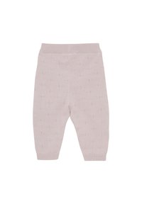 Lichtroze gebreide legging met ribbel tailleband en boorden, met een subtiel textuurpatroon door de stof.