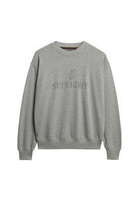 Szary sweatshirt wykonany z miękkiego materiału, z okrągłym dekoltem, prążkowanymi mankietami i dołem, z wyraźnie widocznym logo "SUPERDRY".