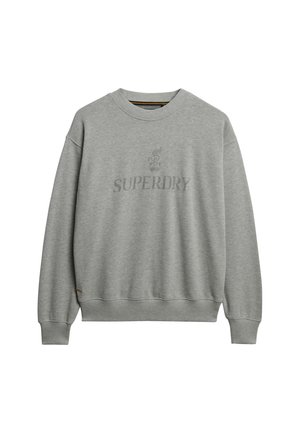 Grauer Sweatshirt aus weichem Stoff, mit rundem Ausschnitt, gerippten Bündchen und Saum, mit dem prominent angebrachten "SUPERDRY"-Logo.