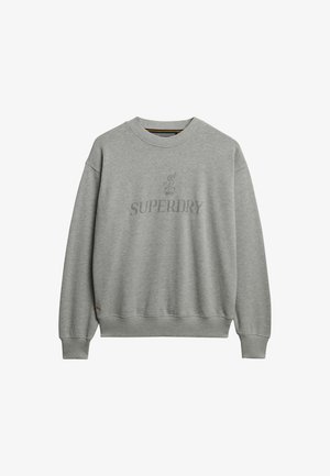 Szary sweatshirt wykonany z miękkiego materiału, z okrągłym dekoltem, prążkowanymi mankietami i dołem, z wyraźnie widocznym logo "SUPERDRY".