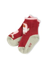 Red cotton ankle socks with pink ribbed edges, featuring a colorful bird pattern on the surface and light green toes and soles.