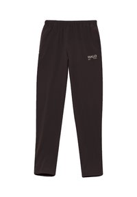 Schwarze Sporthose aus leichtem Stoff mit einem elastischen Bund, geraden Beinen und einem kleinen "HALO"-Logo an der Seite.