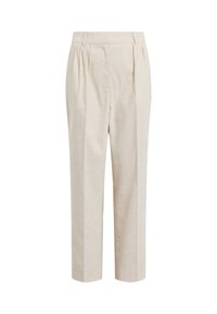 Beige linnenbroek met geplooide voorkant, rechte pijpen en zijzakken. De stof heeft een zachte, gestructureerde afwerking. Verstelbare tailleband.