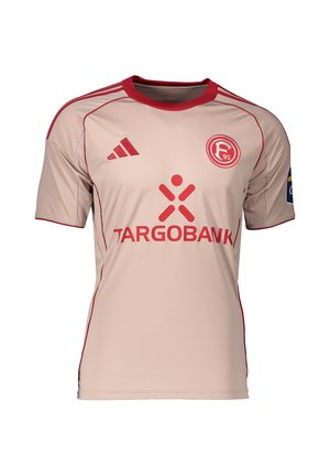 Beiges Fußballtrikot mit rotem Adidas-Logo, Fortuna Düsseldorf Clubwappen, TARGOBANK Sponsorlogo und einem Patch am linken Ärmel.