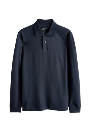 Granatowa, dopasowana, długorękawowa koszulka polo z kołnierzykiem, listwą na dwa guziki i subtelnym, haftowanym logo na piersi.