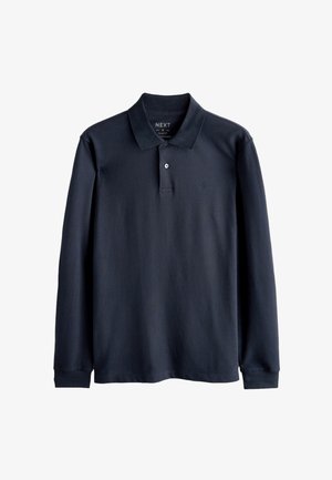 Tmavomodré tričko polo s dlhým rukávom, slim-fit strihom, golierom, rozopínaním na dva gombíky a decentne vyšitým logom na hrudi.