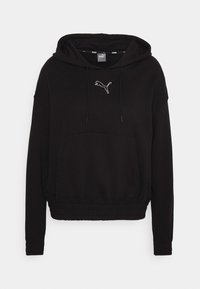 Felpa con cappuccio nera in misto cotone. Include una tasca frontale, elastico in vita e logo Puma bianco ricamato sul petto.
