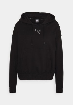 Felpa con cappuccio nera in misto cotone. Include una tasca frontale, elastico in vita e logo Puma bianco ricamato sul petto.