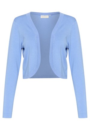 Cardigan scurt de culoare albastru deschis, realizat din material tricotat moale, cu mâneci lungi și deschidere în față, având margini rotunjite și fără închideri.