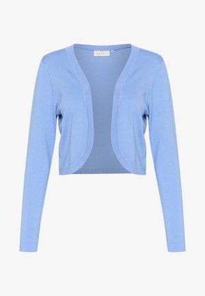 Light blue cropped cardigan made of soft knit material with long sleeves and an open front, featuring rounded edges and no fastenings.