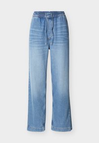 Hellblaue, weit geschnittene Jeanshose mit elastischem Bund und Kordelzug, mit leichter Auswaschung und lockerer Passform.