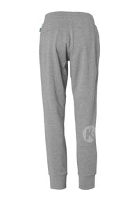 Grå joggingbukser lavet af blødt stof med tætsiddende ben, elastisk talje og et logo på nederste venstre ben.