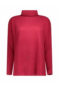 Maglione rosso a maniche lunghe con colletto alto. Caratterizzato da un knit texturizzato e una vestibilità rilassata. Senza decorazioni o motivi.