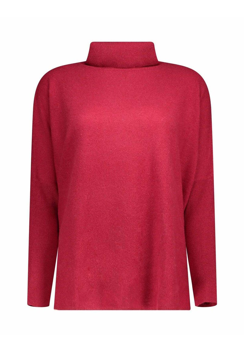 Maglione rosso a maniche lunghe con colletto alto. Caratterizzato da un knit texturizzato e una vestibilità rilassata. Senza decorazioni o motivi.