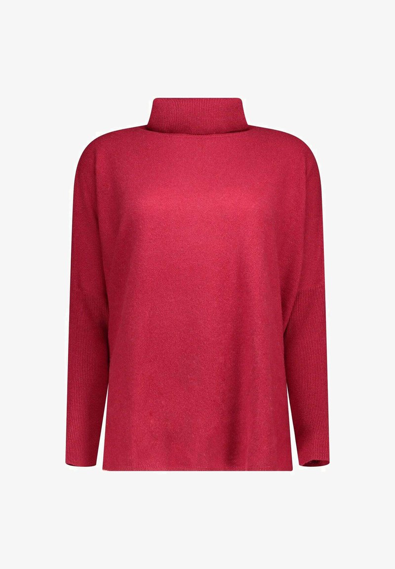 Maglione rosso a maniche lunghe con colletto alto. Caratterizzato da un knit texturizzato e una vestibilità rilassata. Senza decorazioni o motivi.