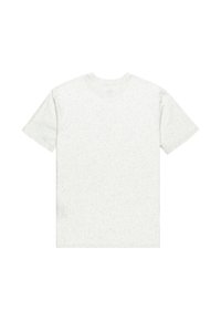 Lys grå t-shirt med en spottet tekstur, korte ærmer og design med rund hals. Bagsiden er ensfarvet uden synlige logoer eller grafik.