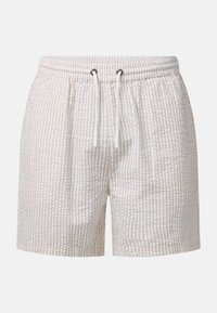 Short en coton beige clair et blanc à rayures avec une taille élastique et des cordons blancs à nouer à l'avant.