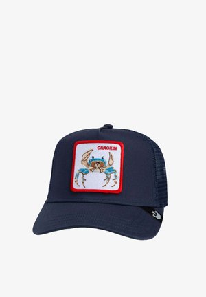 Marineblauer Baseball-Cap mit strukturiertem Vorderteil, das mit einem gestickten Krabben-Patch in Blau und Beige und einem roten Rahmen versehen ist. Mit Netzrücken.