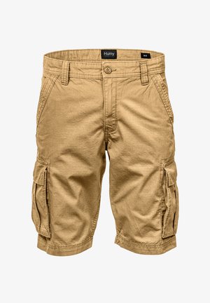 Khakifarbene Cargo-Shorts aus Baumwolle mit Seitentaschen, Knopfverschluss und geradem Schnitt. Strapazierfähiger Stoff mit glatter Textur.