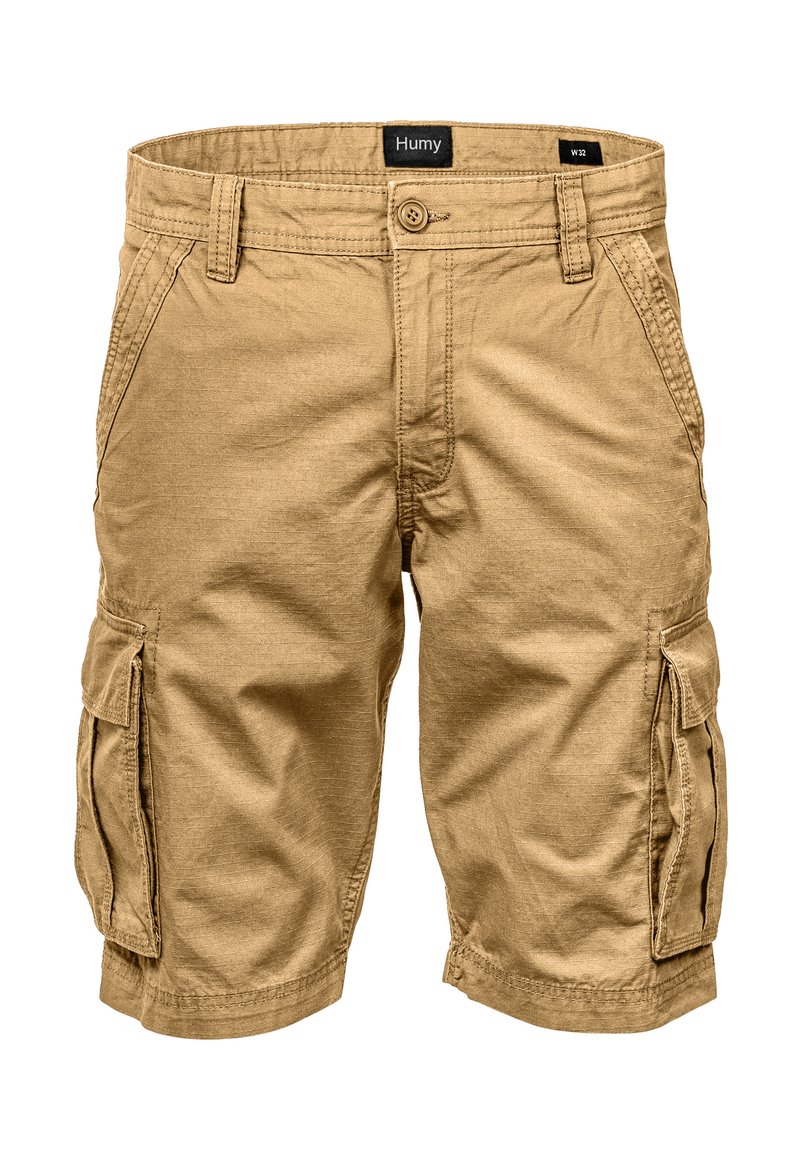 Khaki cargo shorts made of cotton, featuring side pockets, a button closure, and a straight cut. Durable fabric with a smooth texture.