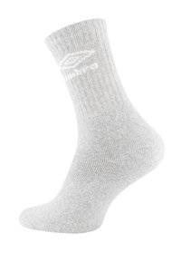 Calzini in cotone grigio a manica corta con texture a coste e tallone rinforzato. Presenta un logo bianco vicino alla parte superiore.