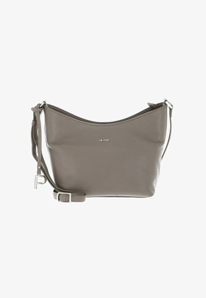 Sac à épaule en cuir gris avec une texture lisse, un dessus incurvé, une sangle réglable et un accent logo en métal argenté.
