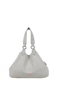 Borsa hobo in tessuto grigio con manici, dettagli in metallo argentato e logo rosa. La texture è liscia con una silhouette leggermente strutturata.