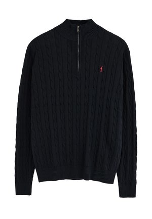 Maglione nero a coste con cerniera a quarto girocollo, colletto, polsini e orlo a coste, con un piccolo logo rosso di un giocatore di polo sul petto sinistro.