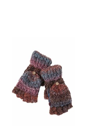 Guantes sin dedos de punto con solapas plegables de mitones en tonos de púrpura, azul y marrón, cada solapa asegurada con un pequeño botón redondo.