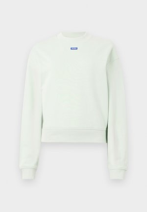 Light green long-sleeve sweatshirt with ribbed cuffs, ribbed hem, crew neck, and a small blue "HUGO" logo centered below the neckline.