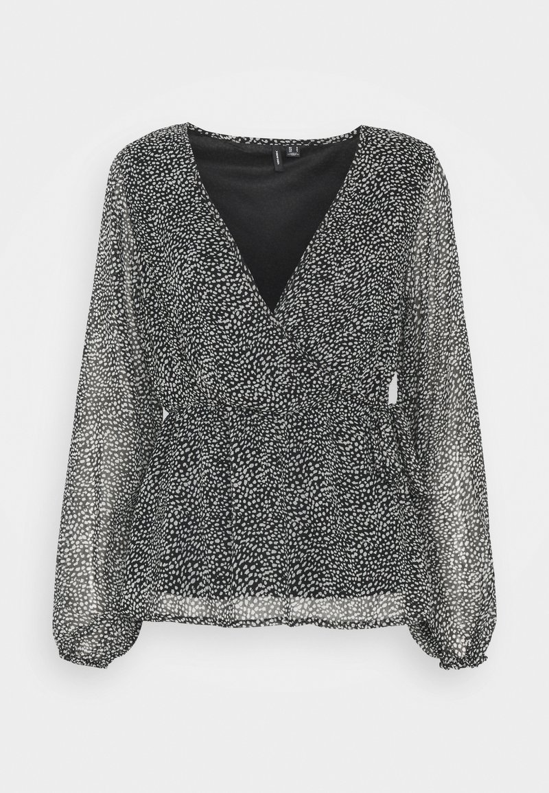Schwarze, durchsichtige Bluse mit langen Ärmeln und unregelmäßigem weißen Punkte-Muster, V-Ausschnitt mit Wickel-Front sowie gerafften Ärmeln und Taille.