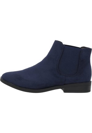 Marineblaue Wildleder-Ankle Boots mit elastischen Seitenteilen, runder Zehenpartie und niedrigem Blockabsatz. Weiche Textur und schnittiges Design.