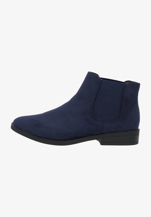 Stivaletti alla caviglia in suede blu navy con pannelli laterali elasticizzati, punta arrotondata e tacco basso a blocco. Texture morbida e design lineare.