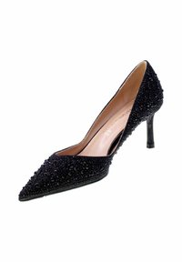 Décolleté nera con tacco alto e punta appuntita, decorata con perline nere, fodera interna liscia e sottile tacco a spillo.