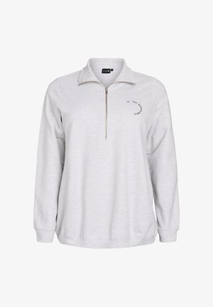 Hellegrauer Reißverschluss-Sweatshirt mit Kragen, langen Ärmeln und einer frontalen Tasche. Verfügt über ein kleines schwarzes Textdesign auf der Brust. Weicher Stoff.