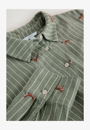 Chemise à rayures vertes en tissu, ornée de lignes blanches verticales et de motifs animaliers brodés. Elle possède un col et des détails de boutons.