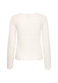 Hvid langærmet top med tekstureret stof og blomstermønster samt en scalloped kant, der giver et delikat udseende.