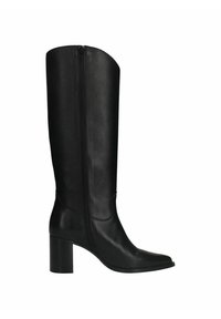 Black leather knee-high boot with a rounded toe, side zipper, and squared block heel. Smooth texture with minimal embellishments.