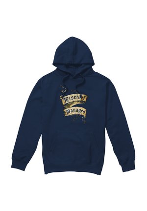 Navy blue hooded sweatshirt with front kangaroo pocket and yellow vintage-style scroll text reading "Mischief Managed" on chest.